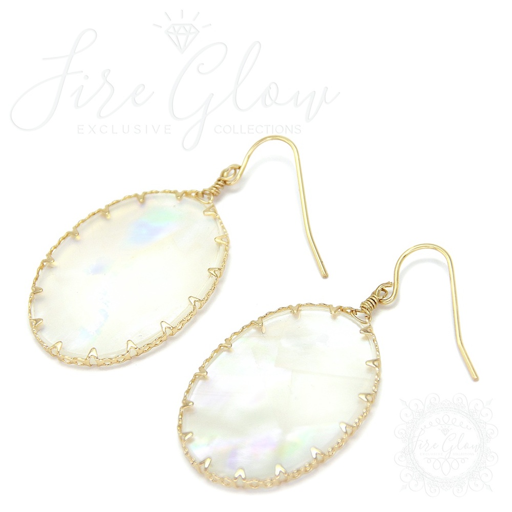 Mother of Pearl Style Oval Gold Tone Earrings - Picture 12 of 16